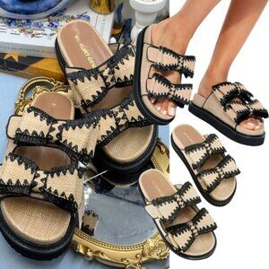 🆕 KG KURT GEIGER 🧿 NWOB Robbie Bow-Embellished Raffia Sandals, Black - Sz US 7